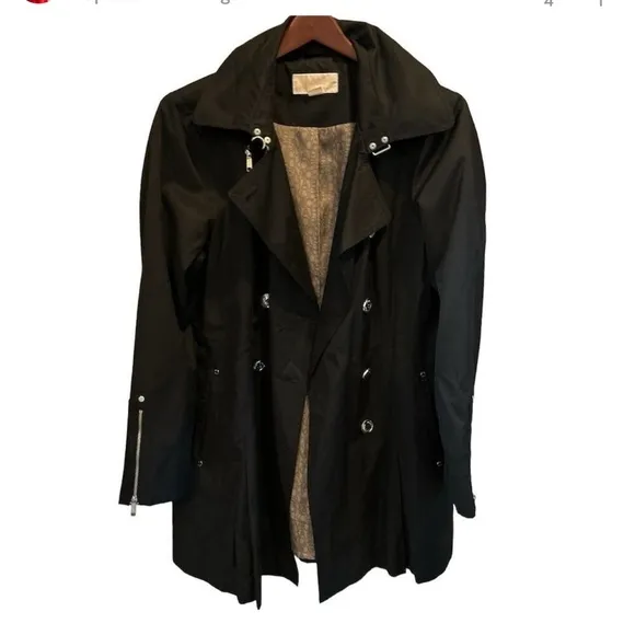 Michael Kors Women's Black Trench Coat Size L Mid-Length Button Closure