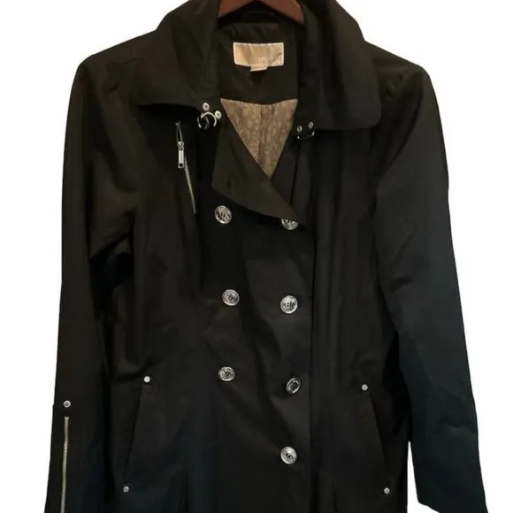 Michael Kors Women's Black Trench Coat Size L Mid-Length Button Closure