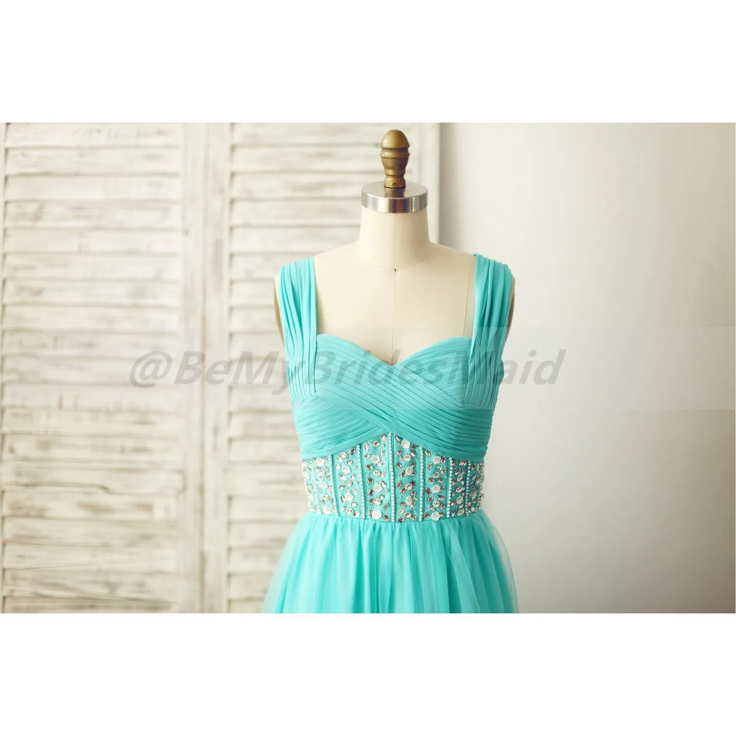 Mint Blue Chiffon and Tulle Beaded Handmade Formal Dress, Prom Dresses