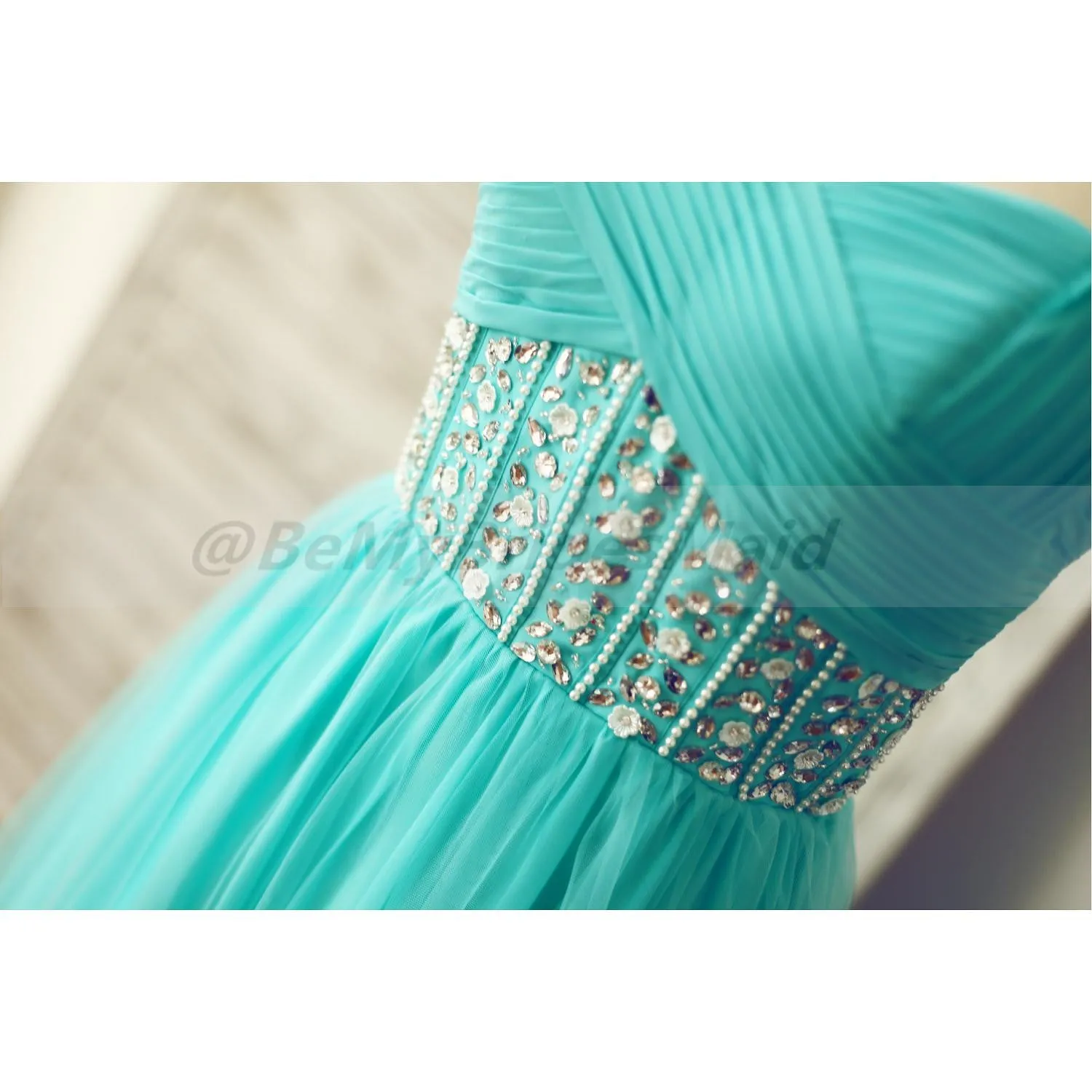Mint Blue Chiffon and Tulle Beaded Handmade Formal Dress, Prom Dresses