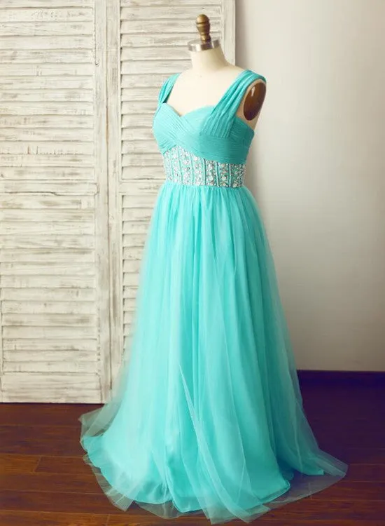 Mint Blue Chiffon and Tulle Beaded Handmade Formal Dress, Prom Dresses