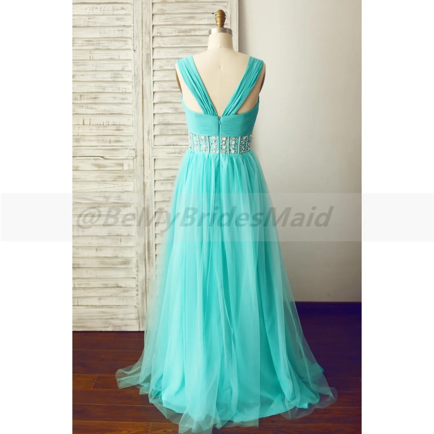 Mint Blue Chiffon and Tulle Beaded Handmade Formal Dress, Prom Dresses