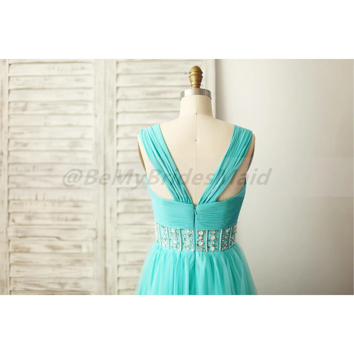 Mint Blue Chiffon and Tulle Beaded Handmade Formal Dress, Prom Dresses