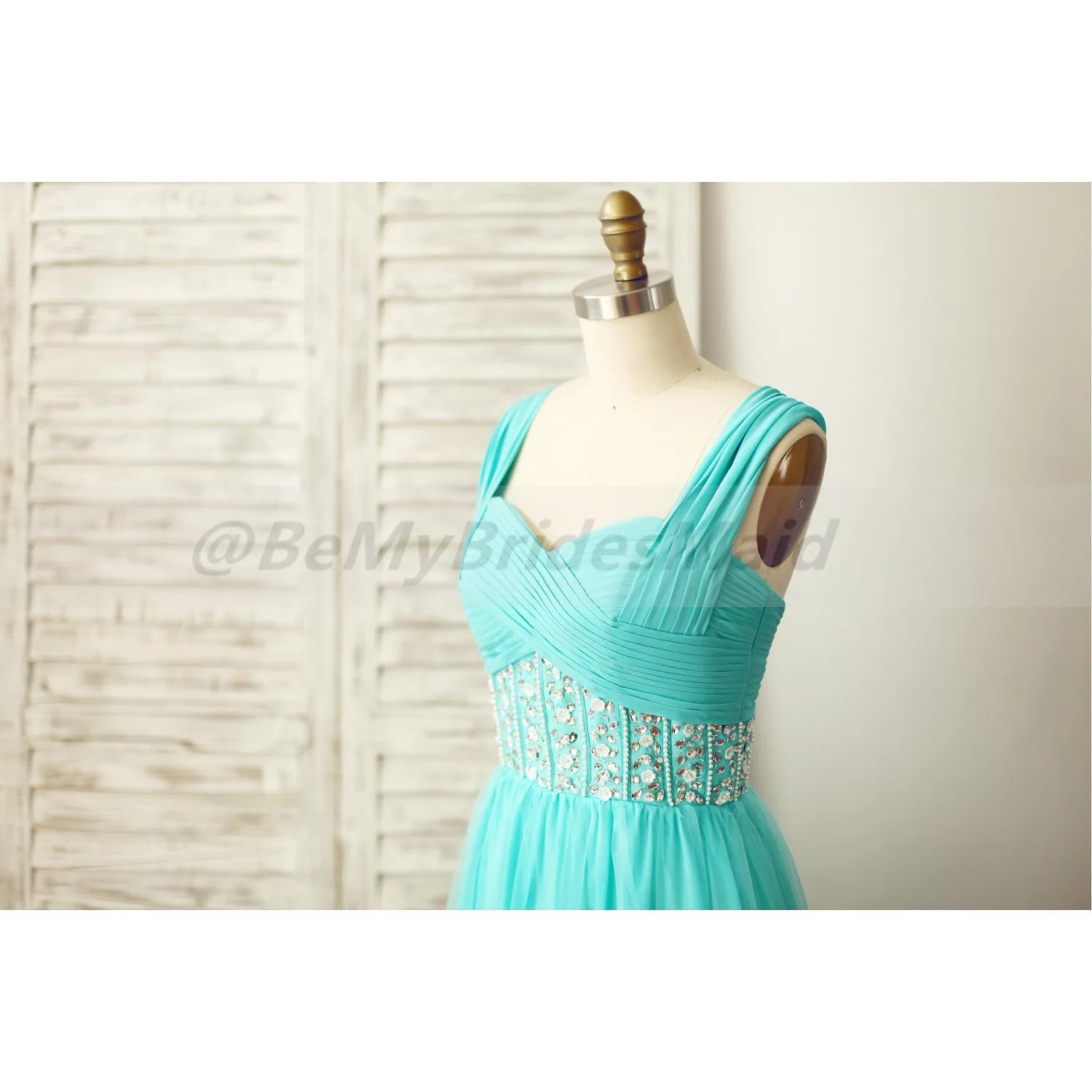 Mint Blue Chiffon and Tulle Beaded Handmade Formal Dress, Prom Dresses