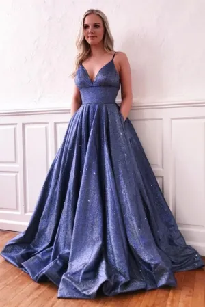 Modest Spaghetti Straps Blue V-neck Long Party Prom Dress With Pockets OK922