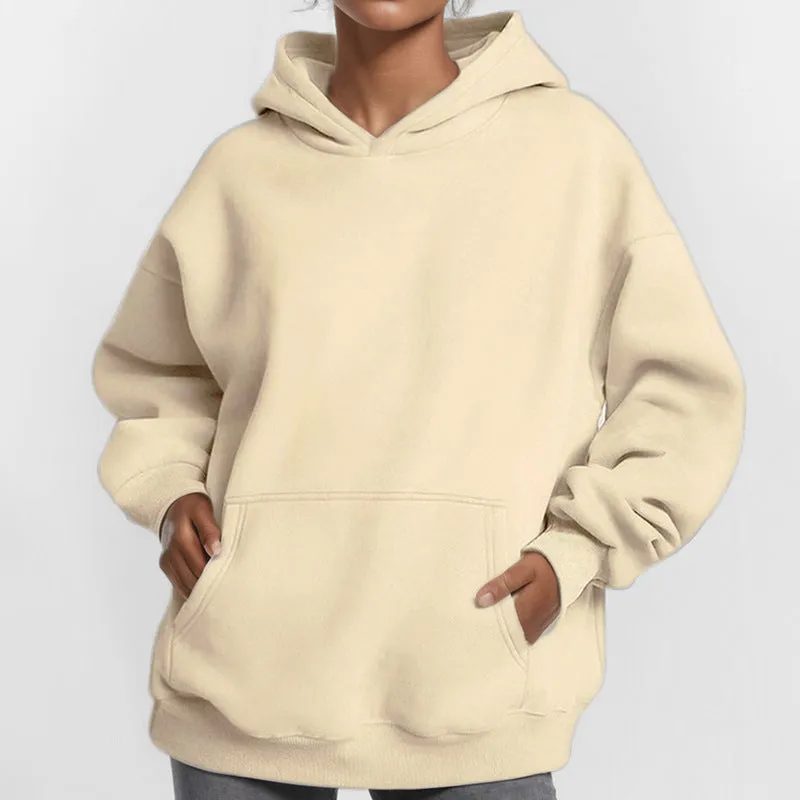 MOMENTLOVER 2025 New autumn coat cross-border sweater temperament commuting loose solid color hooded pocket fashion hooded sweater women