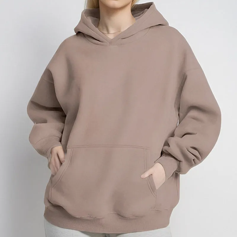 MOMENTLOVER 2025 New autumn coat cross-border sweater temperament commuting loose solid color hooded pocket fashion hooded sweater women