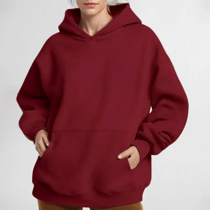 MOMENTLOVER 2025 New autumn coat cross-border sweater temperament commuting loose solid color hooded pocket fashion hooded sweater women