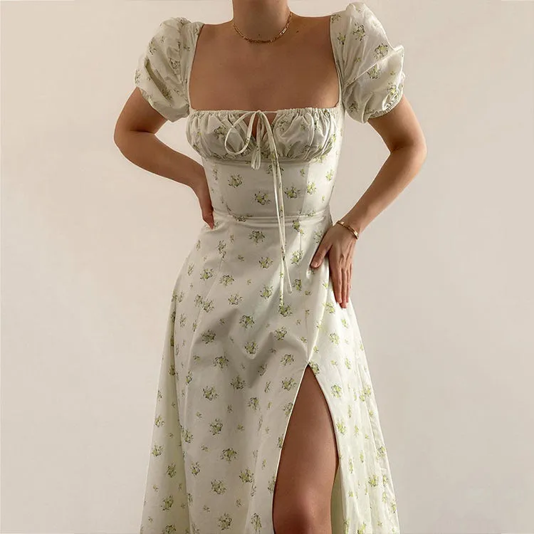 MOMENTLOVER New autumn new  2025 women's clothing square collar bubble sleeve lace-up commuting sexy floral dress