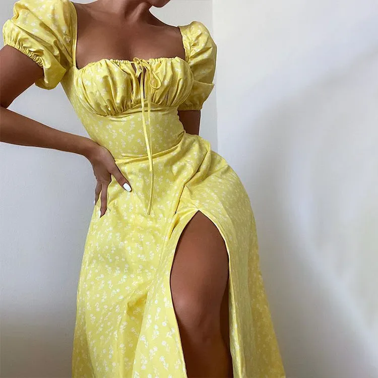 MOMENTLOVER New autumn new  2025 women's clothing square collar bubble sleeve lace-up commuting sexy floral dress