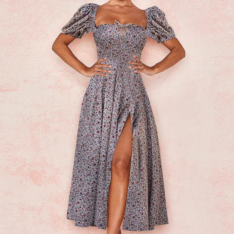 MOMENTLOVER New autumn new  2025 women's clothing square collar bubble sleeve lace-up commuting sexy floral dress