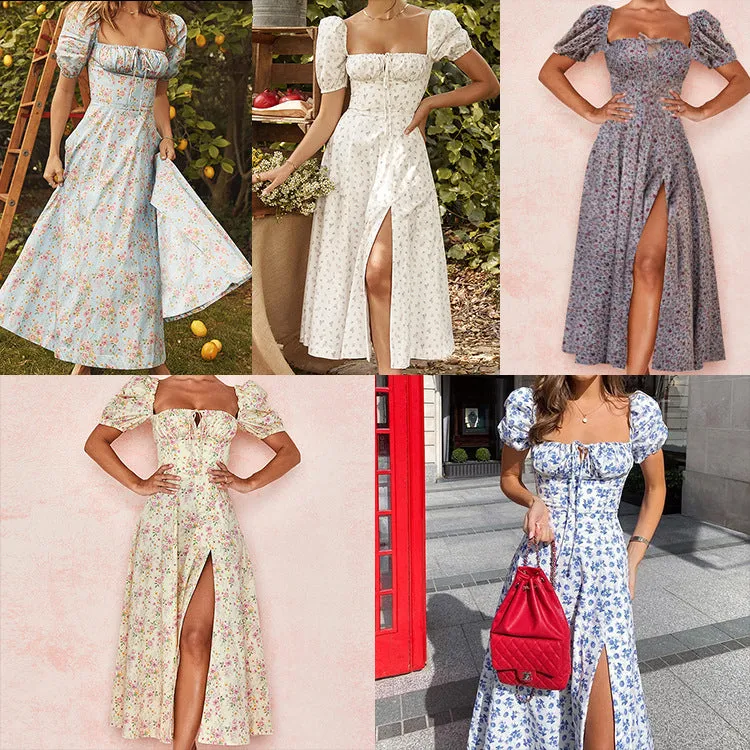 MOMENTLOVER New autumn new  2025 women's clothing square collar bubble sleeve lace-up commuting sexy floral dress