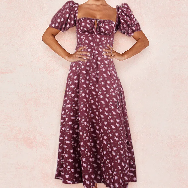 MOMENTLOVER New autumn new  2025 women's clothing square collar bubble sleeve lace-up commuting sexy floral dress