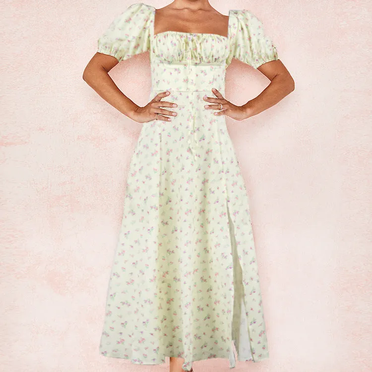 MOMENTLOVER New autumn new  2025 women's clothing square collar bubble sleeve lace-up commuting sexy floral dress