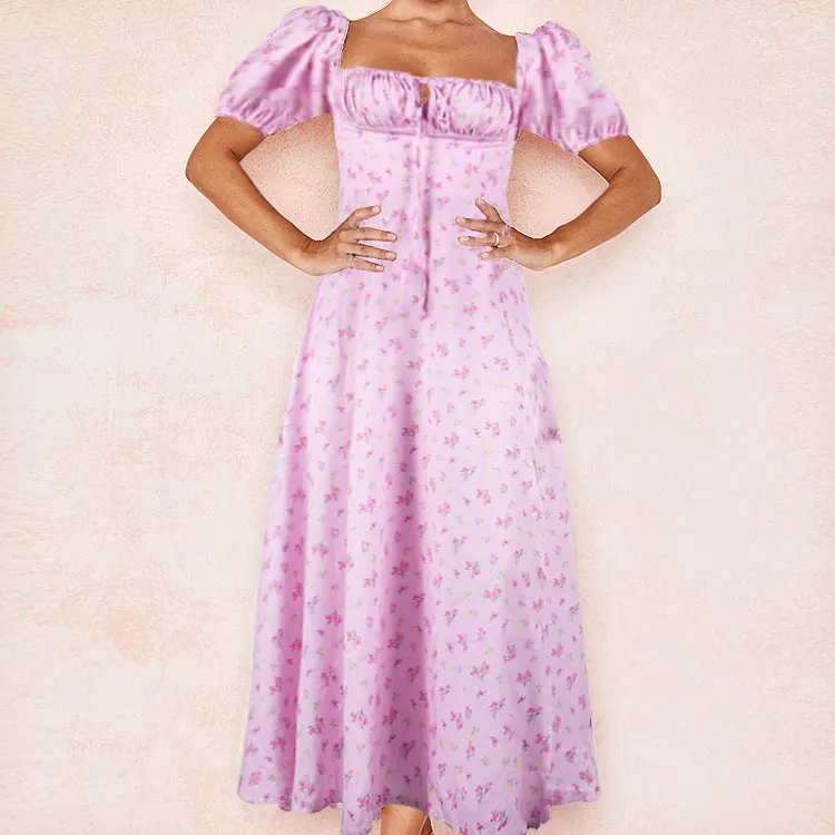 MOMENTLOVER New autumn new  2025 women's clothing square collar bubble sleeve lace-up commuting sexy floral dress