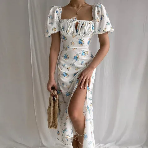 MOMENTLOVER New autumn new  2025 women's clothing square collar bubble sleeve lace-up commuting sexy floral dress
