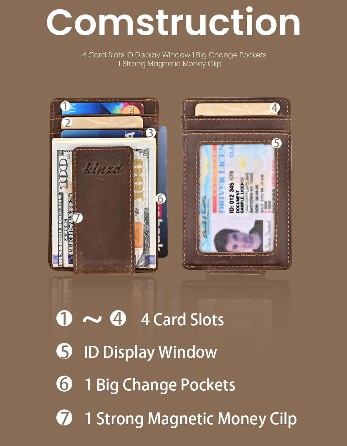 Money Clip, RFID Blocking Crazy Horse Leather Strong Magnet Wallet