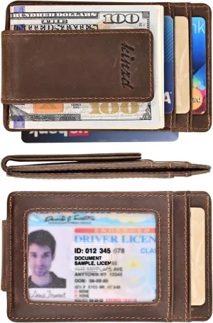 Money Clip, RFID Blocking Crazy Horse Leather Strong Magnet Wallet