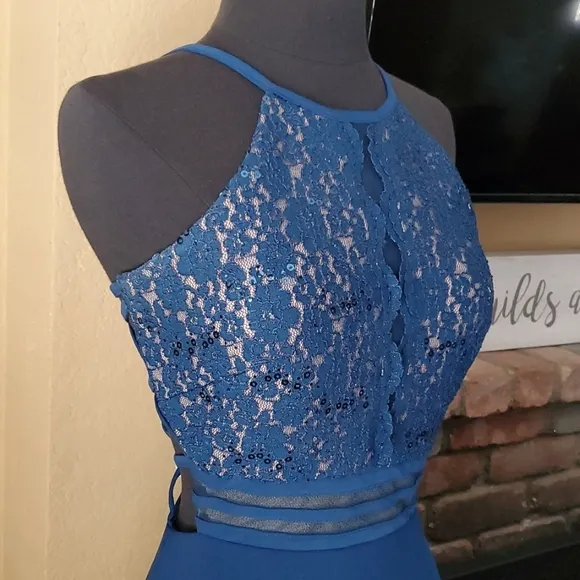 Morgan &amp; Co. Teal Sequin Floral Lace Women's Formal Dress JUNIORS SIZE: 5/6