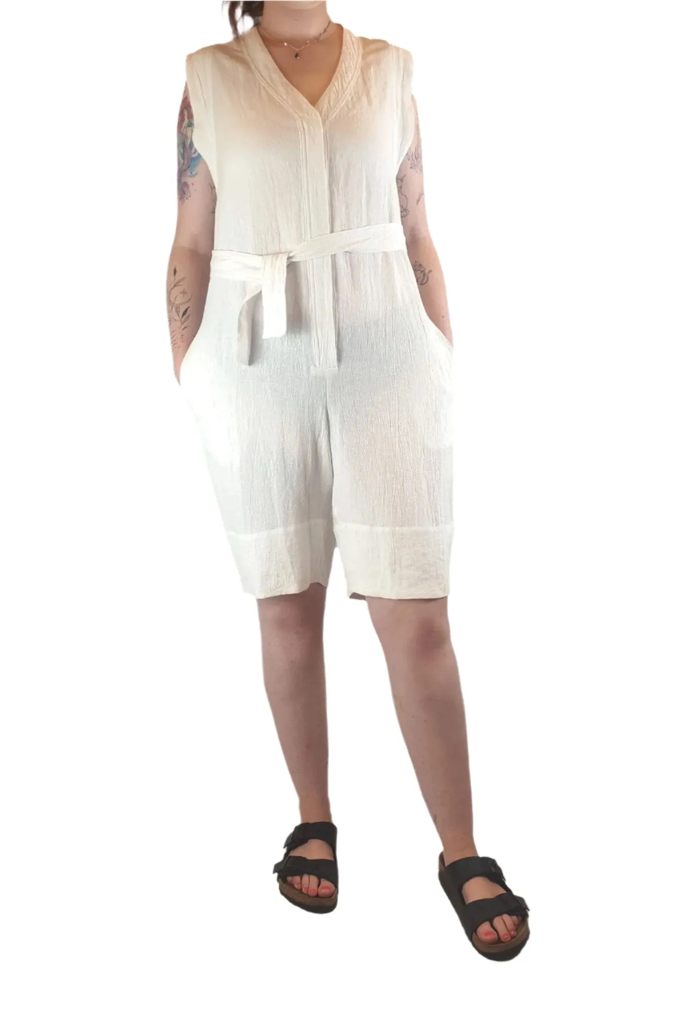 Morrison white linen playsuit with pockets and waist tie size 2 (best fits 12)