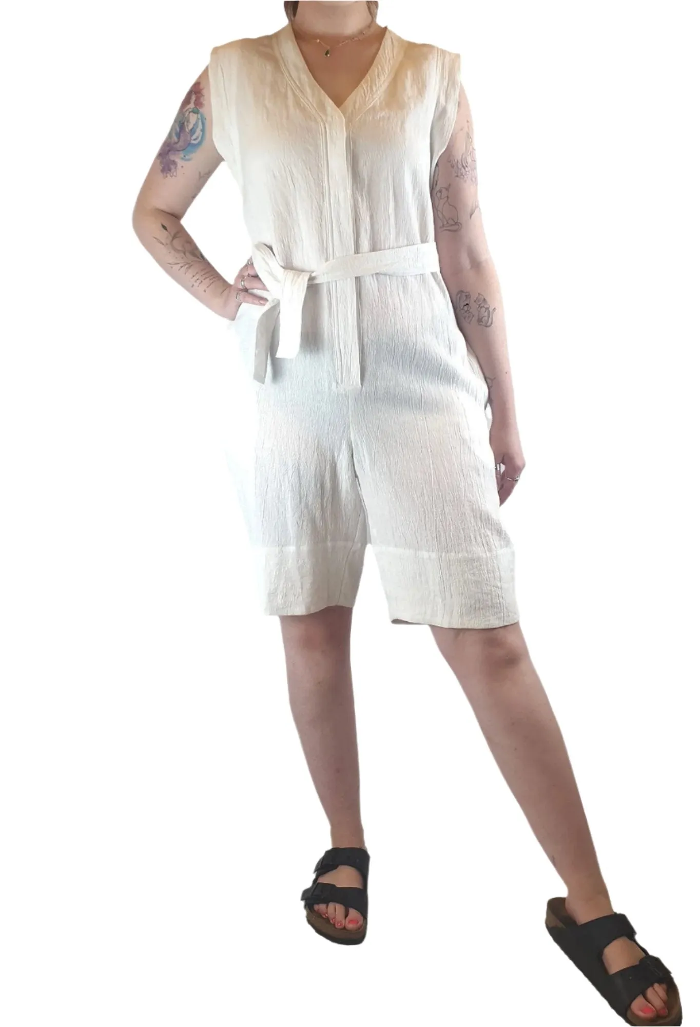 Morrison white linen playsuit with pockets and waist tie size 2 (best fits 12)