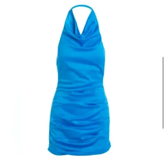 Naked Wardrobe Flossy &amp; Glossy Silky Halter Dress in Malibu Blue,Size XS, NWOT