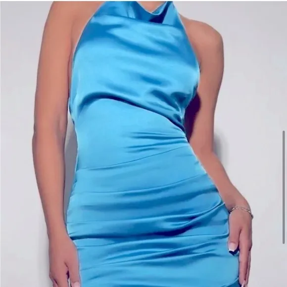 Naked Wardrobe Flossy &amp; Glossy Silky Halter Dress in Malibu Blue,Size XS, NWOT
