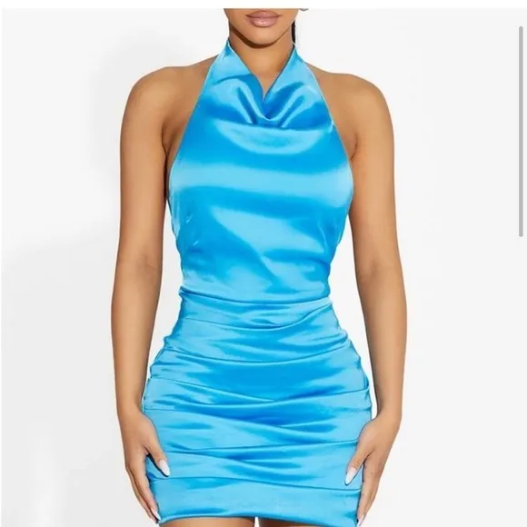 Naked Wardrobe Flossy &amp; Glossy Silky Halter Dress in Malibu Blue,Size XS, NWOT