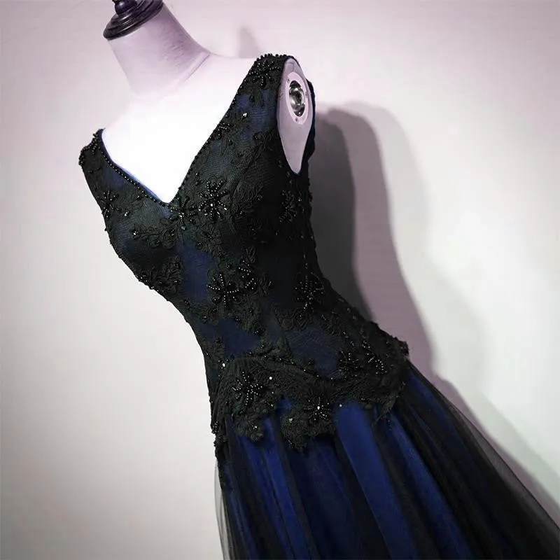 Navy Blue and Black Tulle V-neckline Floor Length Party Dress Evening Dress, Unique Prom Dresses