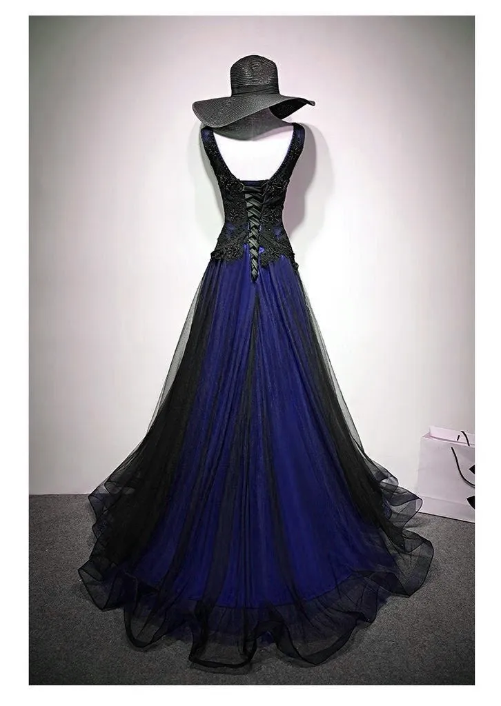 Navy Blue and Black Tulle V-neckline Floor Length Party Dress Evening Dress, Unique Prom Dresses
