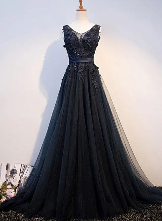Navy Blue Long V-neckline Floor Length Handmade Formal Gowns, Blue Wedding Formal Dresses, Evening Gowns