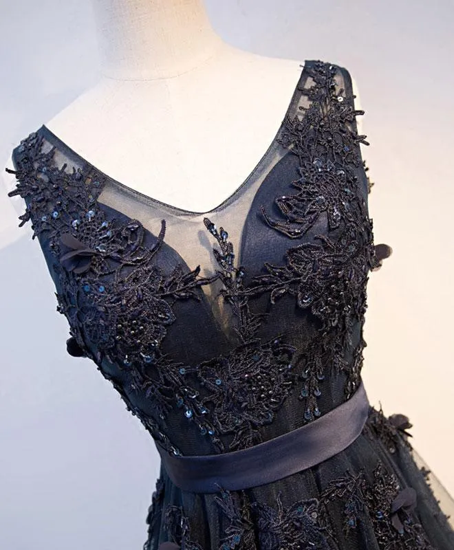 Navy Blue Long V-neckline Floor Length Handmade Formal Gowns, Blue Wedding Formal Dresses, Evening Gowns