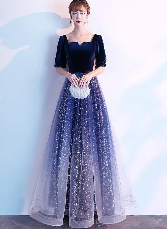 Navy Blue Shiny Tulle and Velvet Long Bridesmaid Dress, Wedding Party Dress