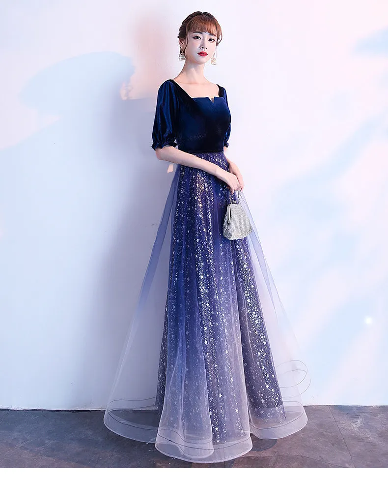 Navy Blue Shiny Tulle and Velvet Long Bridesmaid Dress, Wedding Party Dress