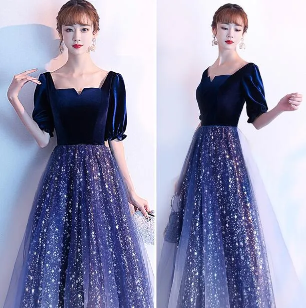 Navy Blue Shiny Tulle and Velvet Long Bridesmaid Dress, Wedding Party Dress
