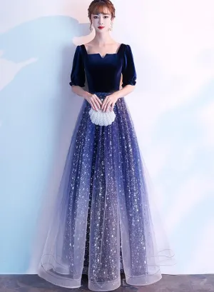 Navy Blue Shiny Tulle and Velvet Long Bridesmaid Dress, Wedding Party Dress