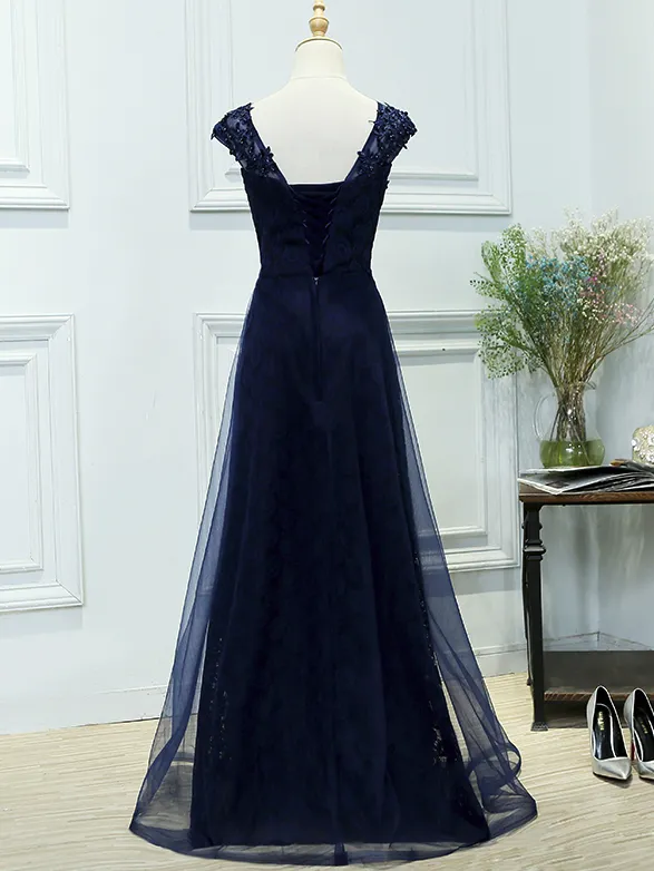 Navy Blue Tulle with Lace Applique Long Lace-up Formal Dress, Beautiful Prom Gowns