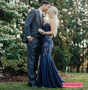 Navy Fitted Strapless Lace Formal Prom Dress Evening Dress