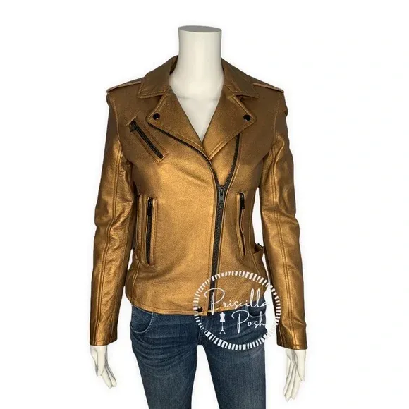 NWT IRO Gold Leather Moto Jacket Fleeced Lined Leather Motorcycle Jacket