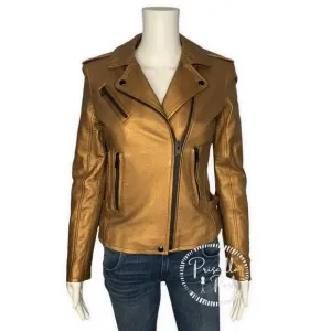 NWT IRO Gold Leather Moto Jacket Fleeced Lined Leather Motorcycle Jacket