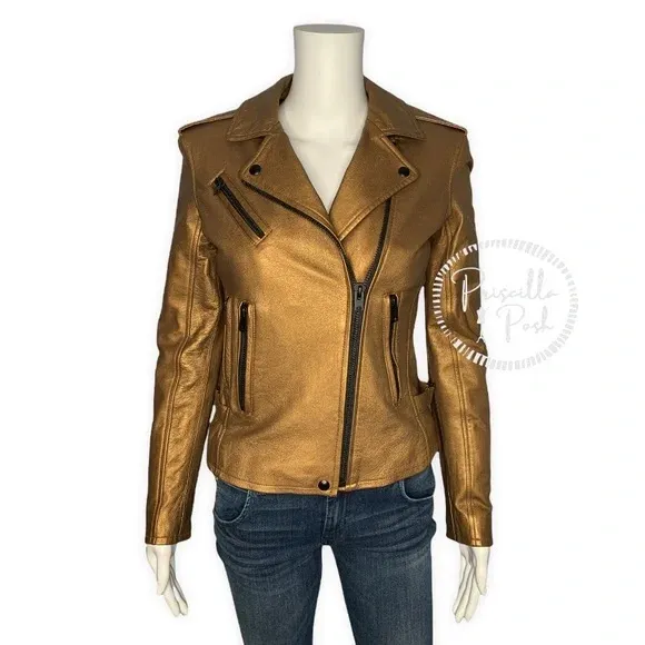 NWT IRO Gold Leather Moto Jacket Fleeced Lined Leather Motorcycle Jacket