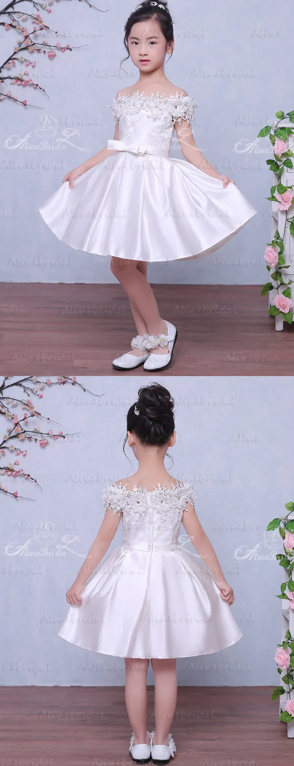 Off Shoulder Wite Satin Handmade Flower Applique Flower Girl Dresses, FGS031