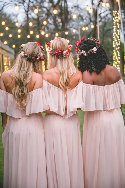 Off-the-shoulder Pink Ruffles Chiffon Long Floor-length  Bridesmaid Dresses, BD78