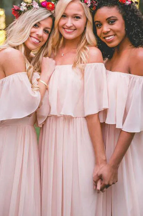 Off-the-shoulder Pink Ruffles Chiffon Long Floor-length  Bridesmaid Dresses, BD78