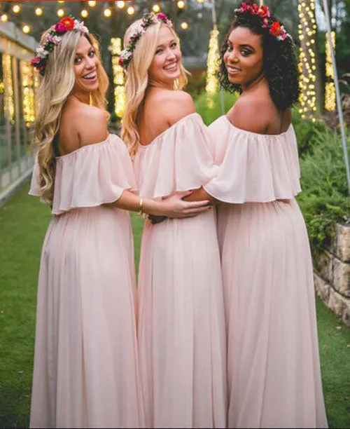 Off-the-shoulder Pink Ruffles Chiffon Long Floor-length  Bridesmaid Dresses, BD78