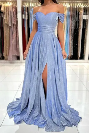 Off the Shoulder Shiny Blue Long Prom Dress Formal Dress TP1177