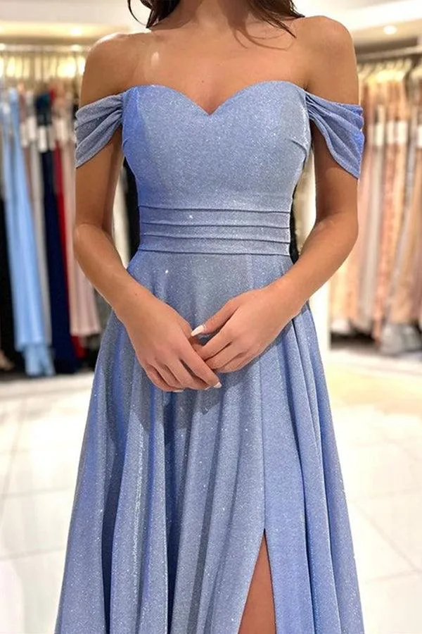 Off the Shoulder Shiny Blue Long Prom Dress Formal Dress TP1177