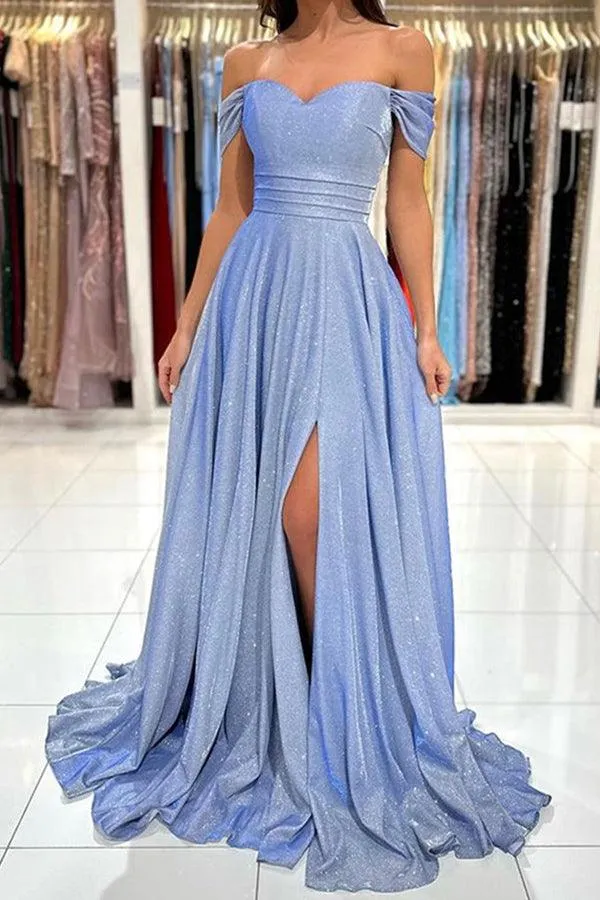 Off the Shoulder Shiny Blue Long Prom Dress Formal Dress TP1177