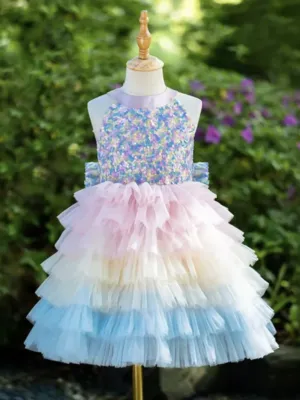 Pastel Rainbow Sequin Ruffle Tulle Dress