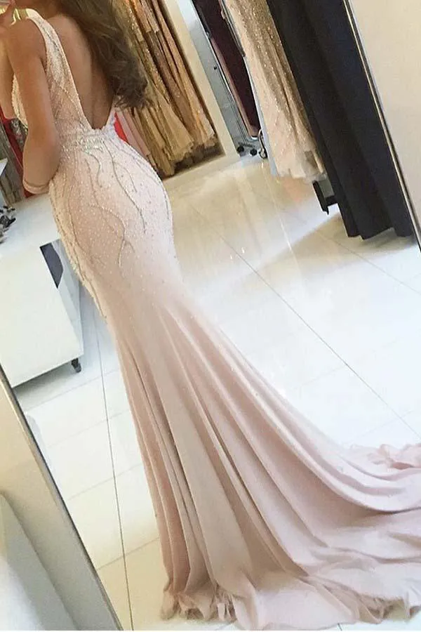 Pearl Pink Backless Sheath V-Neck Sweep Train Long Prom Dress with Beading, M292